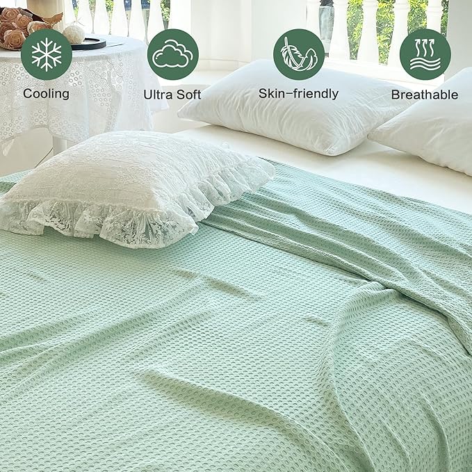 AmyHomie Cooling Blanket King Size, 100% Rayon Derived from Bamboo, Cool Summer Blanket for Hot Sleepers Soft Comfy Waffle Lightweight Blankets for All Seasons(108×90in,Sage Green)