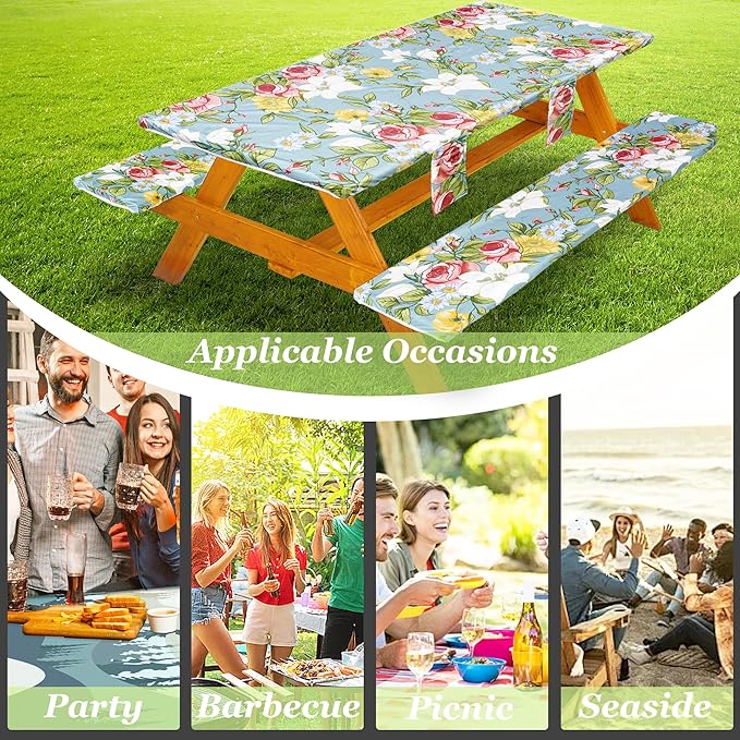 Fitted Picnic Table Cover with Bench Covers Set, Waterproof Lightweight Rectangle 96in Folding Table Cloths Canopy Shade Slipcover Cool Unique Fun Camping Gift for Camper Women Men Family Rv Owners