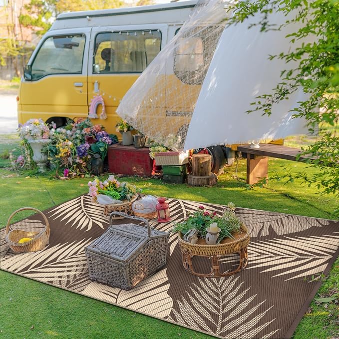 GENIMO Outdoor Rug 4' x 6' Waterproof for Patios Clearance, Reversible Outdoor Plastic Straw Camping Rug Carpet, Large Area Rugs Mats for RV, Camper, Deck, Balcony, Porch, Beach, Coffee&Beige