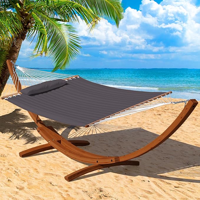 Lazy Daze Hammocks 12 FT Double Quilted Fabric Hammock and 13 FT Brown Wooden Arc Stand, with Spreader Bar, Removable Pillow, 2 Person Hammock for Outdoor Patio Poolside, 450 lb Capacity, Dark Gray