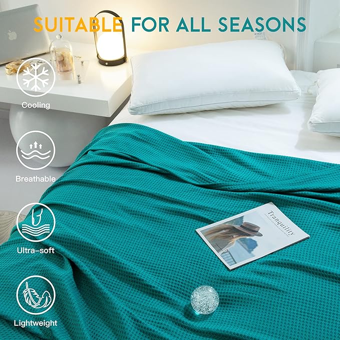 AmyHomie Cooling Blanket Queen Size, 100% Rayon Derived from Bamboo, Cool Summer Blanket for Hot Sleepers Soft Comfy Waffle Lightweight Blankets for All Seasons(Teal, 90×90in)