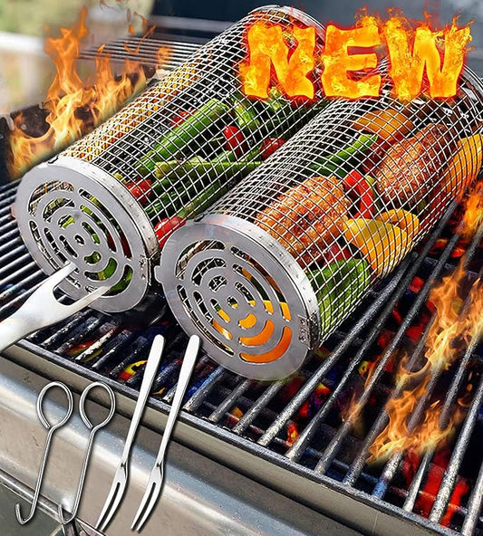 Rolling Grilling Baskets for Outdoor Grill Bbq Net Tube Must Have Large Round Mesh Barbecue Cylinder Cage Essentials Gadgets Cooking Accessories for Picnic Veggies Vegetable Fish Meat, Gift for Men