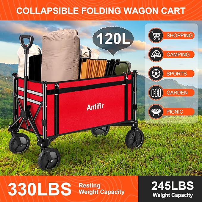 Collapsible Wagon Carts,Folding Wagon Cart with All Terrain Wheels,Heavy Duty Garden Carts with Adjustable Handle,Outdoor Utility Wagon for Camping Shopping Sports Fishing（Red）