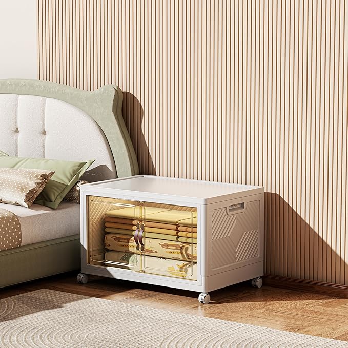 104 QT / 26 Gal Stackable Collapsible Storage Bins with Magnetic Doors & Wheels - Space-Saving Plastic Organizer Cabinet for Closet, Office, Home (White)