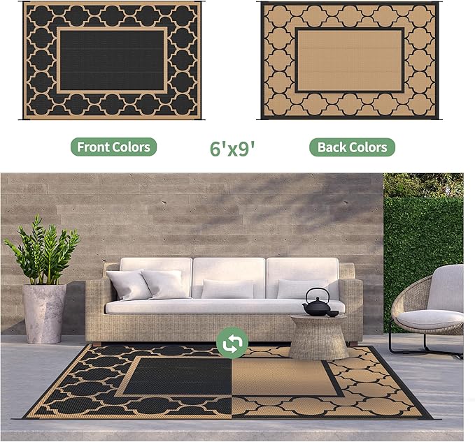 GENIMO 6' x 9' Outdoor Rug Waterproof for Patio Decor, Foldable Reversible Plastic Straw Area Rugs Mat for Camper, Outside Carpet for Rv, Deck, Porch, Picnic, Beach, Balcony, Black & Brown