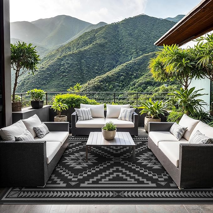 GENIMO Outdoor Rug for Patio Clearance, 9x12 ft Waterproof Mat,Reversible Plastic Camping Rugs, Rv, Porch, Deck, Camper, Balcony, Backyard, Black and Grey