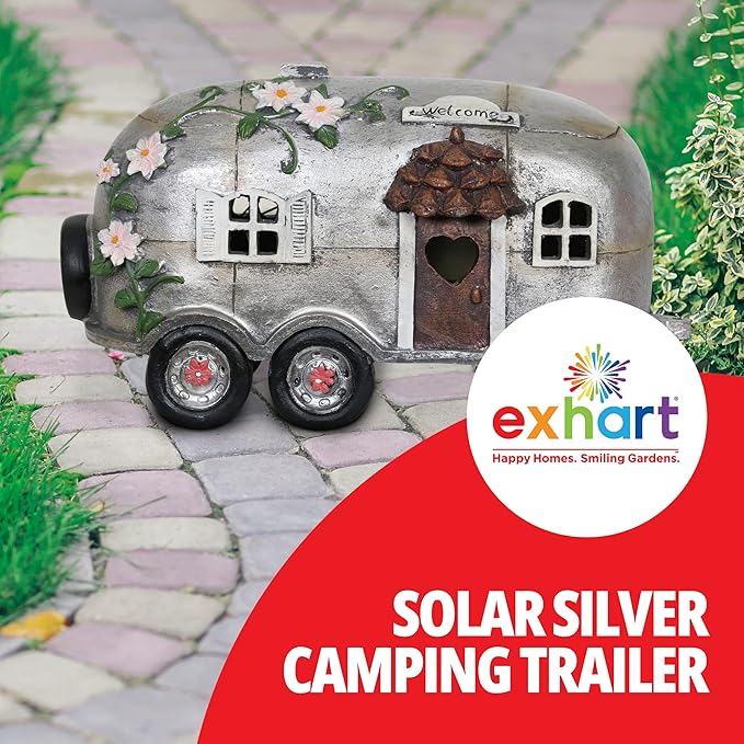 Exhart Garden Sculpture, Solar Vintage Camping Trailer Garden Statue, LED Lights, Outdoor Garden Decoration, 5 x 10 x 6 Inch