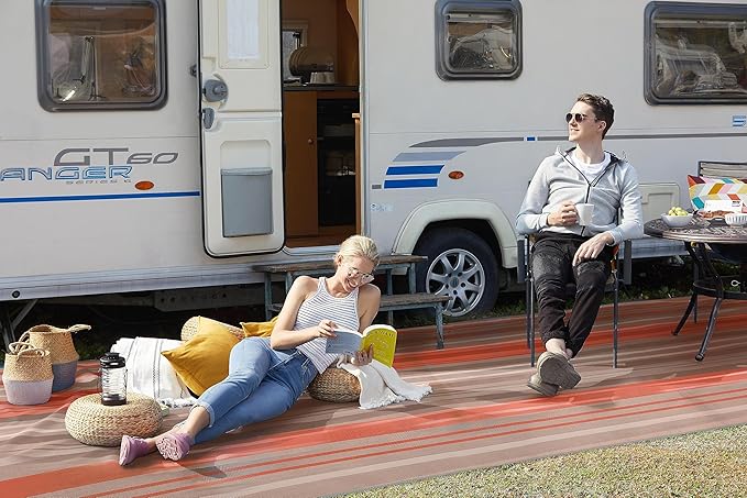 CGEAR RV Comfort Mat – Patented Sand-Free Technology with Ultra Soft Material – Sized to Your RV, Campsite, Beach House – Great Outdoor Patio Rug for RV and Camping (Earthy Stripe, 8' X 14')