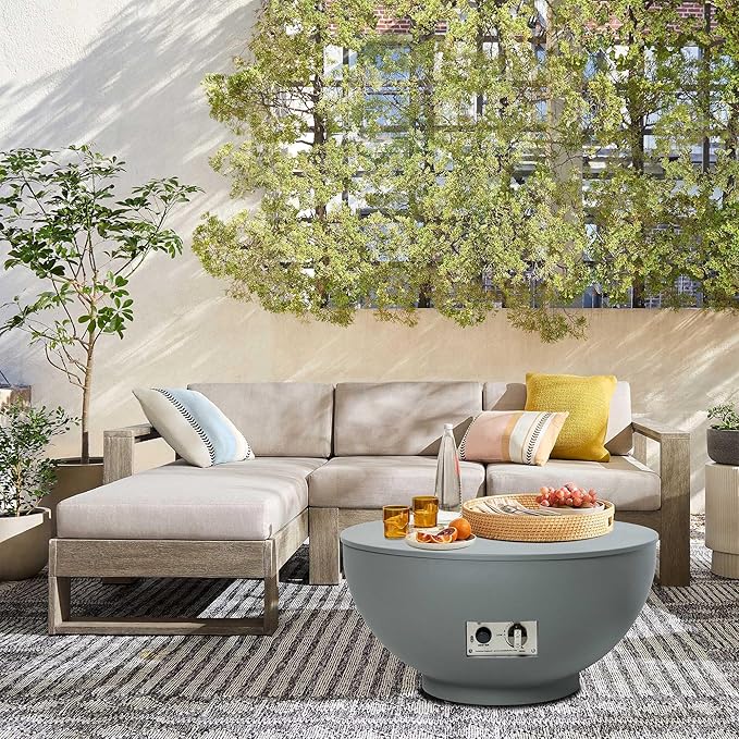 28-Inch Gas Fire Pit with Propane Tank Cover, 50,000 BTU Round Propane Fire Pit Table, Patio Fireplace Fire Bowl Firepit with Lid, Lava Rocks, Cover, Pre-Attached 10FT Propane Hose, Gray