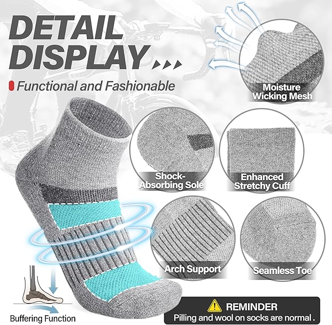 6 Pairs Merino Wool Ankle Running Hiking Socks Compression Support Breathable Thick Cushion No Show Socks for Women Men