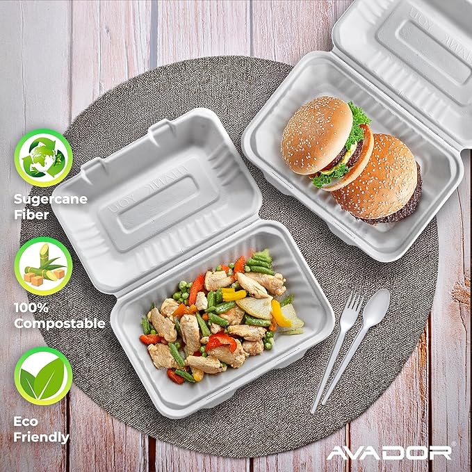 AVADOR® Compostable Tableware 100% Eco-Friendly & Biodegradable Dinnerware Eco-Conscious, Disposable, and 100% Biodegradable (9 Inch x 6 Inch Clamshell Pack of 50)