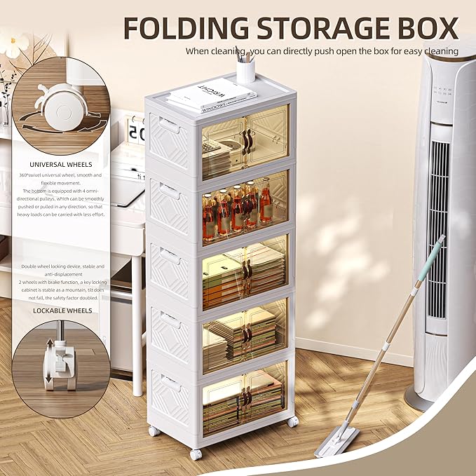 248 QT / 62 Gal Stackable Collapsible Storage Bins (1 Lid) with Magnetic Doors & Wheels - Plastic Cabinet Organizer for Home Office Closet, White Space-Saving Containers