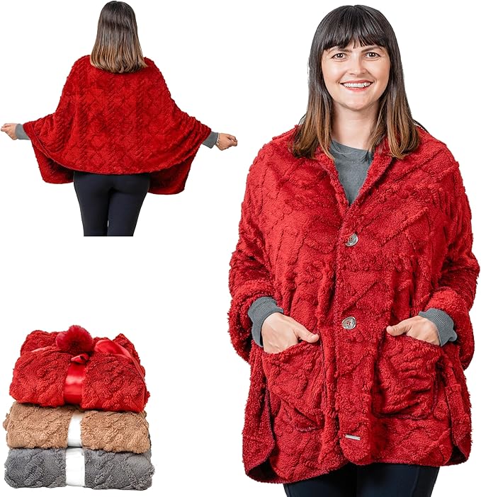 Boho Chic Wearable Blanket -No Sleeves Easy On Easy Off- Lightweight Wrap Shawl - Lap Blanket - Gifts for Her Wife and Mom (Jacquard - Burgundy)