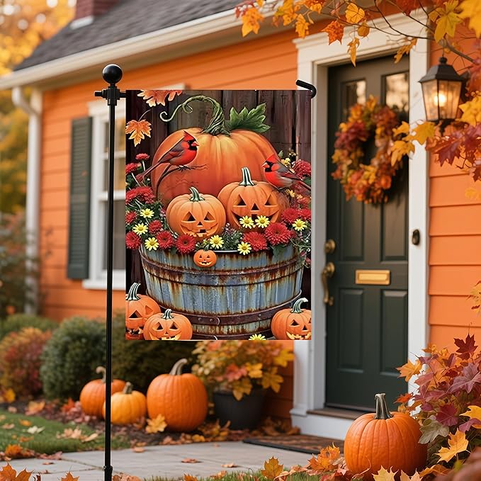 Fall Garden Flags 12x18 Double Sided, Pumpkin Yard Flags for Outside, Autumn Bird Small Yard Flags for Home Outdoor Decorations