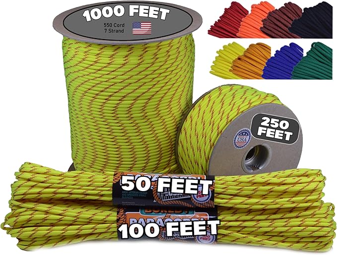 BORED? PARACORD! 550 lb Paracord - Ideal for Crafting, Camping, DIY Projects, Active & Military Outdoors - Strong Survival Rope - Tactical Parachute Cord Type III - Fast Pitch 100 Feet