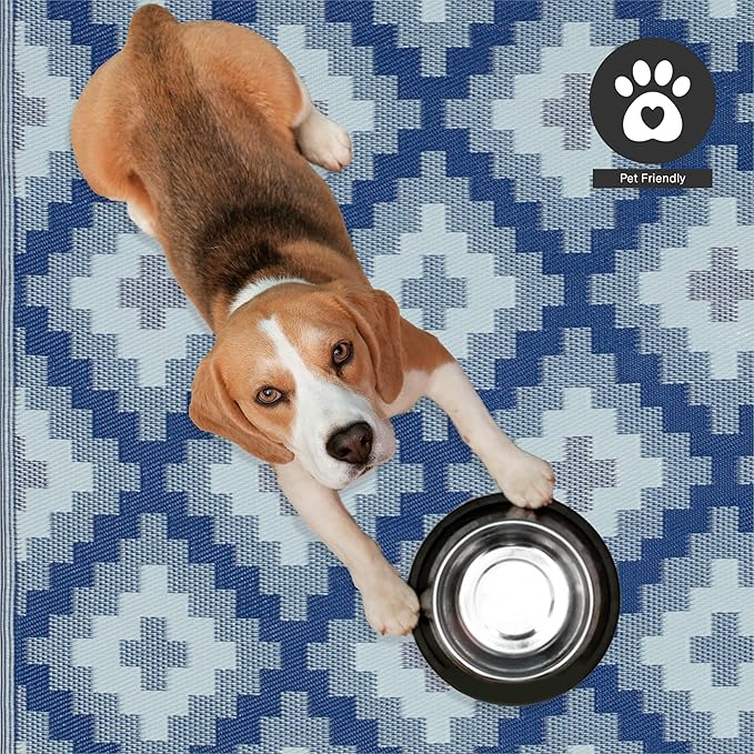 FH Home Outdoor Camping Rug - Waterproof, Fade Resistant, Reversible - Premium Recycled Plastic - Geometric - Large Patio, Deck, Sunroom, RV - Aztec Kilim - Blue Multi - 9 x 12 ft Foldable