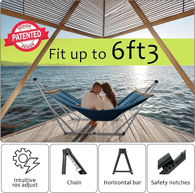Tranquillo Ultimate Relaxation Portable Hammock Stand, Foldable Hammock Stand with Canvas Hammock, Spreader Bar, Quick Fold Unfold in 30 Seconds Steel Frame Hammock 600 lbs Capacity, White/Blue