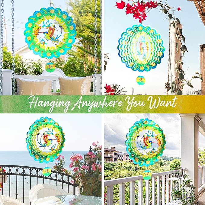 Hummingbird Wind Spinners Garden Yard Decor Gift for Women Men, 12 Inch Outdoor Metal 3D Wind Spinner, Stainless Steel Green Hanging Wind Catchers Kinetic Sculpture for Outside Decoration