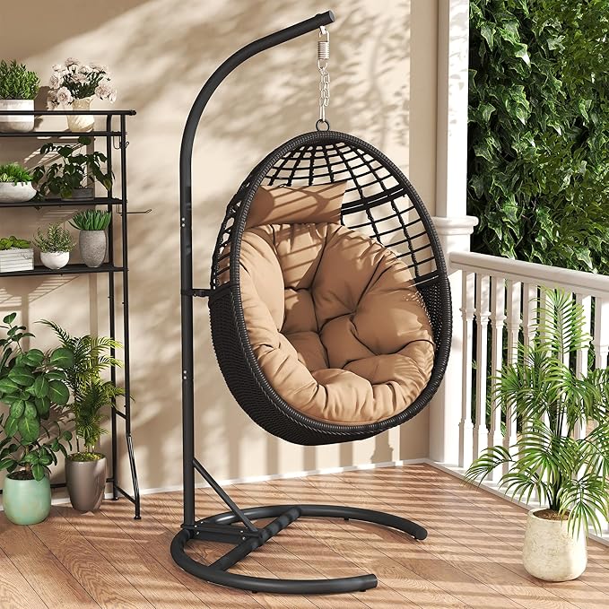 Egg Swing Hanging Chair with Stand, Outdoor Rattan Egg Hammock Chair with Cushion Pillow for Indoor Bedroom Patio Garden for 330lbs/150kg - Dark Brown