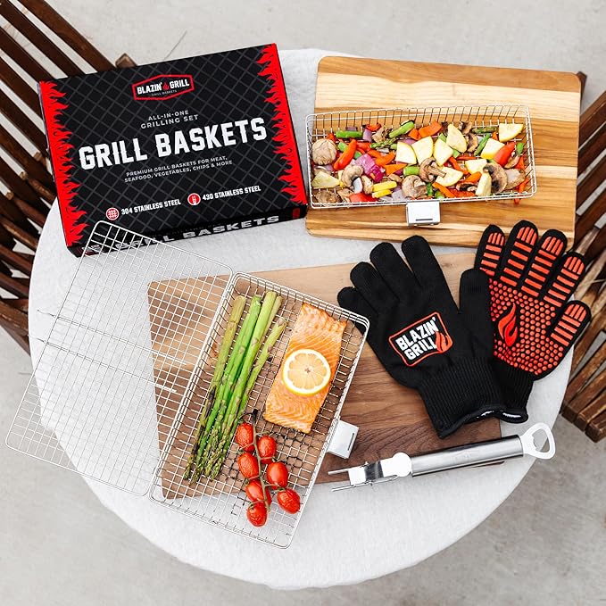 BLAZIN' GRILL Baskets for Outdoor Grill | 2 Grilling Baskets with Detachable Handle | Barbecue Grill Set with BBQ Gloves | Portable Camping Net Rack Perfect for Vegetables, Seafood & Meat