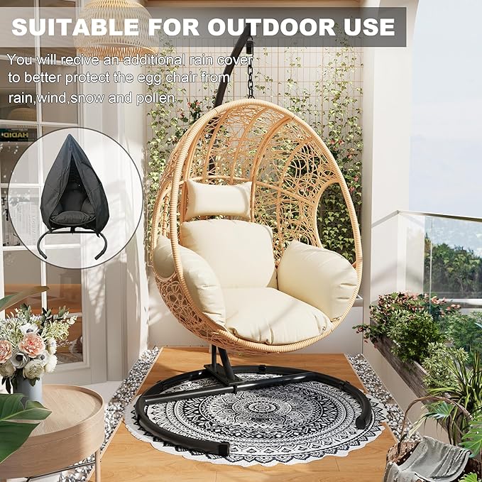 Oversized Hanging Egg Chair Outdoor Indoor, Wicker Swing Egg Chair with Stand 400lbs Capacity for Bedroom, Patio, Garden and Balcony (Beige-nest, Oversize)