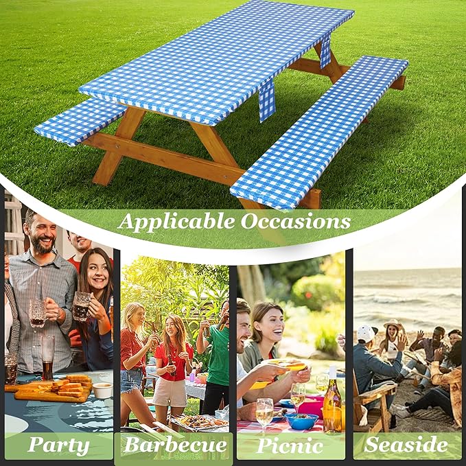 Fitted Picnic Table Cover with Bench Covers Vinyl Waterproof Elastic Edges Fitted Rectangle Tables Patio Tablecloth Camping Gear and Essentials Rv Accessories Road Trip Supplies Car Travel Must Haves
