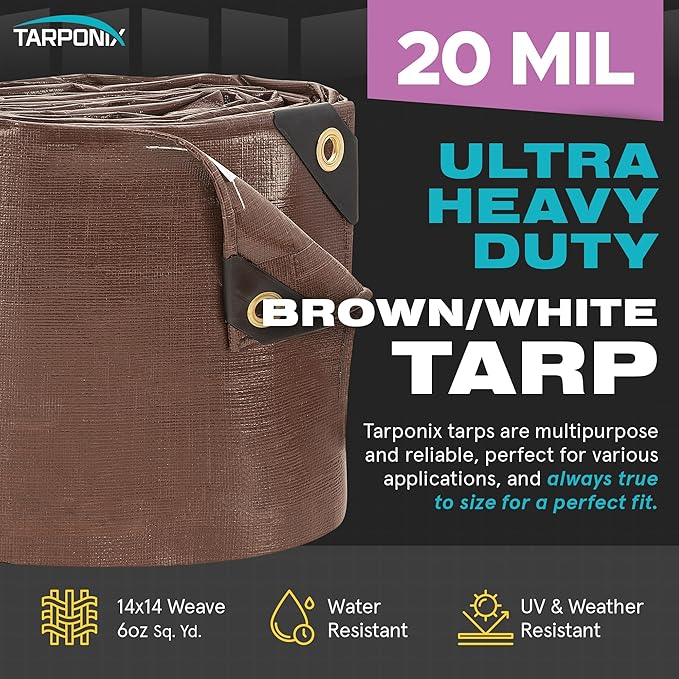 8' x 10' Ultra Heavy Duty Tarp – 20 Mil Brown/White Waterproof Outdoor Cover, UV Protection, Reinforced Corners, Ideal for Camping, Tent, and Outdoor Use