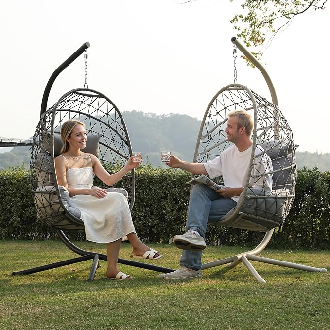 RoyalCraft Hanging Egg Chair Outdoor Swing Chair with Stand, Hammock Chair Indoor, Patio Boho Wicker Hanging Chair with Stand 350lbs Capacity for Garden, Balcony, Bedroom, Beige & Gray
