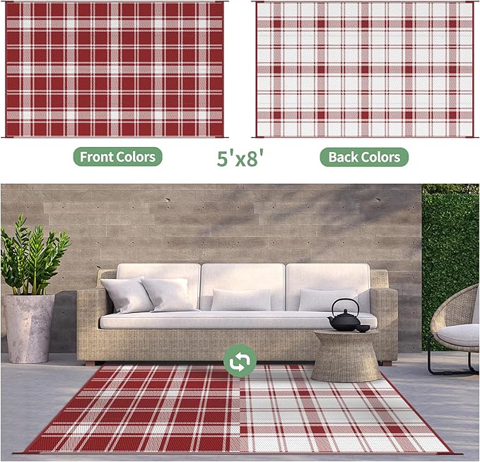 GENIMO Waterproof Outdoor Rug for Patio Clearance, 5'x8' Reversible Plastic Straw Rugs, Lightweight RV Camping Mat for Camper, Balcony, Deck, Backyard, Picnic, Red & White