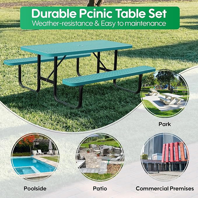 6FT Metal Picnic Tables for Outdoors, Commercial Rectangular Picnic Table and Bench Set for Outside, Patio, Garden, Backyard, Porch, Surface Mount, Green
