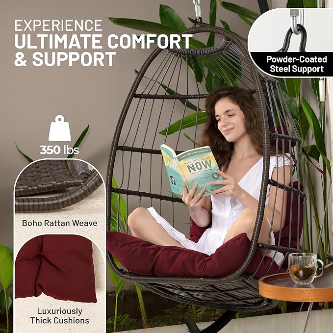 SereneLife Foldable Egg Chair with Stand – Hanging Rattan Wicker Swing for Indoor Outdoor Use – 350 lbs Capacity, Breathable Cushion & Headrest – Patio, Balcony, Porch, Bedroom Lounge Furniture
