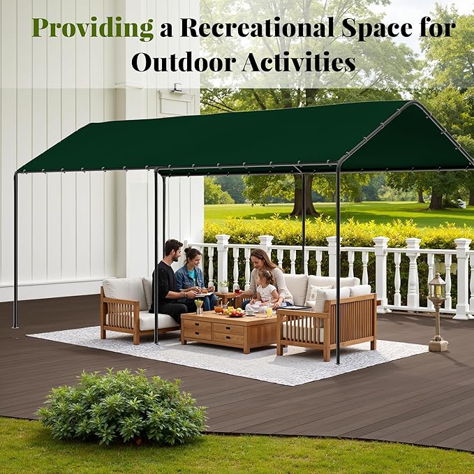 Carport, 10‘ x 20’ Heavy Duty Portable Garage All-Season Car Canopy w/Removable Sidewall & Doors, Carport Canopy Party Tent w/Water-Resistant Tarp for Backyard (Green, 10' x 20' /no Side)