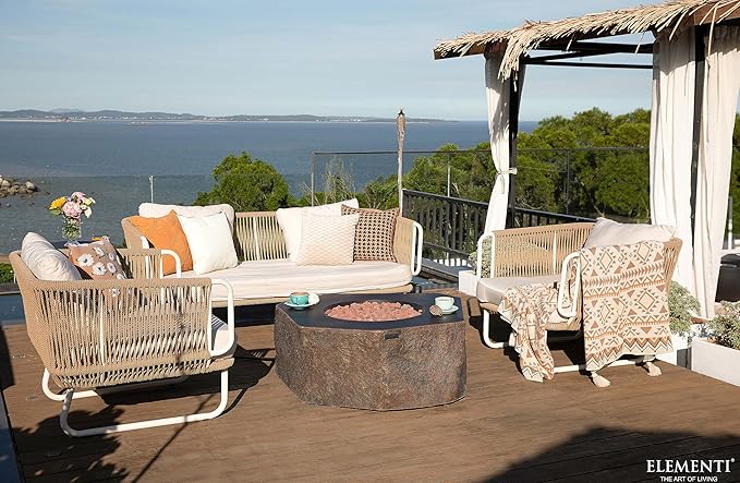 Elementi | Columbia Gas Fire Pit Cast Concrete Semi-Round Fire Table, Outdoor Fire Pit Electronic Ignition | Canvas Cover, Lava Rock Included | Natural Gas