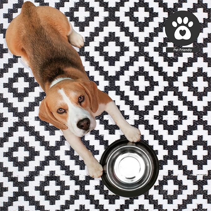 FH Home Outdoor Camping Rug - Waterproof, Fade Resistant, Reversible - Premium Recycled Plastic - Geometric - Patio, Deck, Sunroom, RV - Aztec - Black & White - 5 x 8 ft Foldable