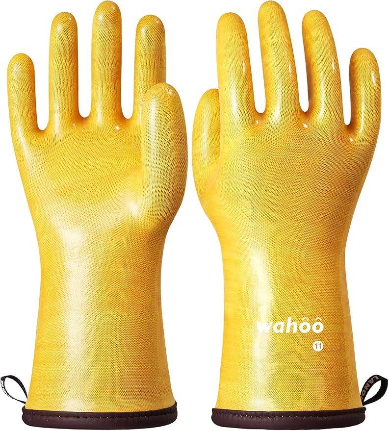 LANON Protection Wahoo Liquid Silicone Smoker Oven Gloves, Food-Contact Grade, Heat Resistant Gloves for Cooking, Grilling, Baking, Yellow, XXL/11