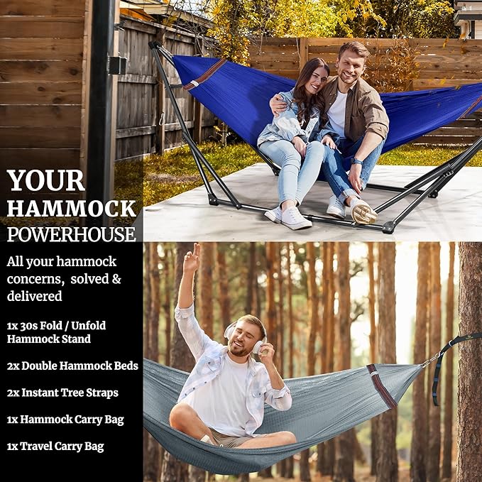 Tranquillo Combo x2 Hammocks with Stand for Outside & Tree Straps, Heavy Duty Hammock with Stand 600lbs for Indoor Outdoor Patio Backyard, x2 Hammocks for 2 Person, Portable Carrying Bags, Blue