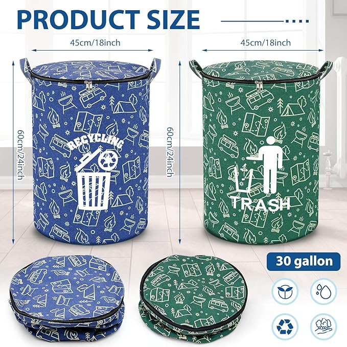 2 Pack Collapsible Trash Can Camping with Zippered Lid Foldable Storage Bin Portable Garbage Can for Outdoor Camping RV's Yard Waste (Trash and Recycling Style)
