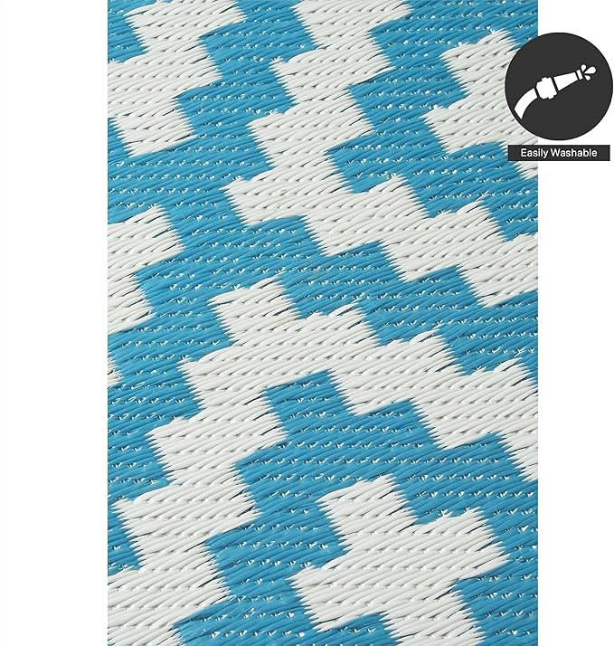 FH Home Outdoor Rug - Waterproof, Fade Resistant, Reversible - Premium Recycled Plastic - Geometric - Large Patio, Deck, Sunroom, Camping, RV - Aztec - Teal & White Crease Free - 6 x 9 ft