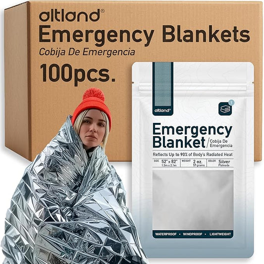Altland 100 Pack of Emergency Blankets - Bulk Heat Reflective Blankets for Winter Survival Kits, Disaster Preparedness, Cold Weather Camping, and Homeless Care Packages