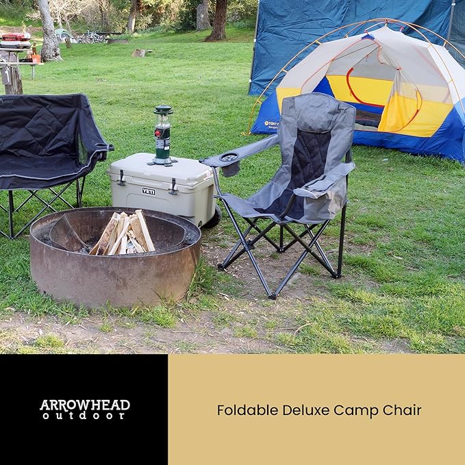 ARROWHEAD OUTDOOR Portable Folding Camping Quad Chair w/ 6-Can Cooler, Cup & Wine Glass Holders, Heavy-Duty Carrying Bag, Padded Armrests, Headrest & Seat, Supports up to 550lbs, USA-Based Support