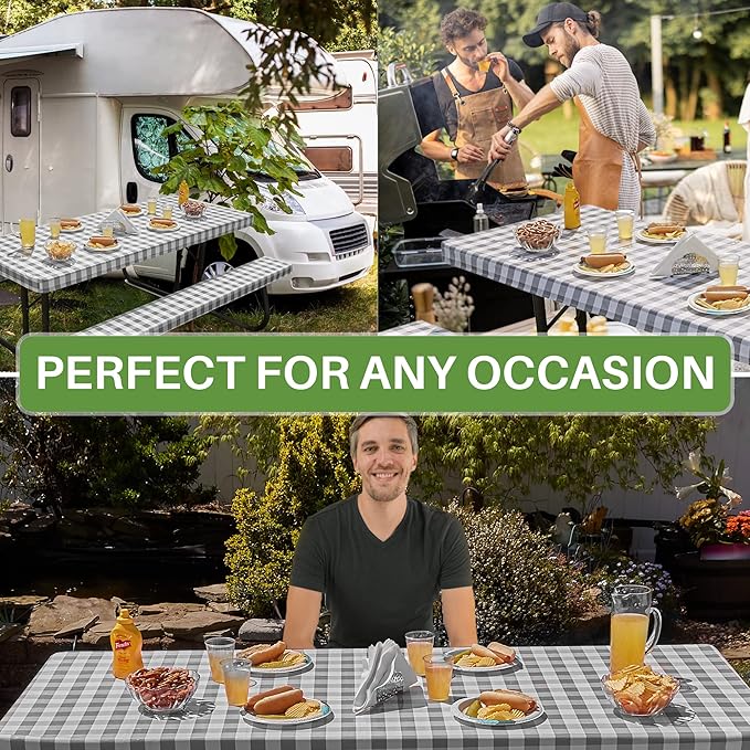 Hudson Comfort Picnic Table Cover with Bench Covers – 500 GSM Reusable Heavy Duty Vinyl Outdoor Table Cover - Waterproof Picnic Tablecloth with Carry Case (Gray, 72 Inch (6 Feet))