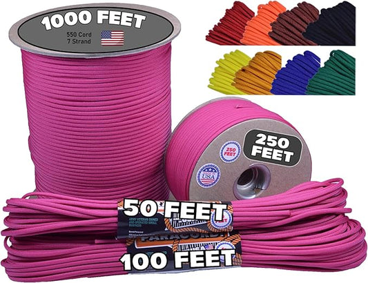 BORED? PARACORD! 550 lb Paracord - Ideal for Crafting, Camping, DIY Projects, Active & Military Outdoors - Strong Survival Rope - Tactical Parachute Cord Type III - Fuchsia 250 Feet