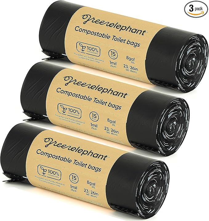 Green Elephant Portable Camping Toilet Bags – Compostable Potty Bags for Portable Toilet, Wag Bag Human Waste Kit, Fits 5-Gallon Buckets, Biodegradable Outdoor Waste Solution, 15 Count, 8 Gal