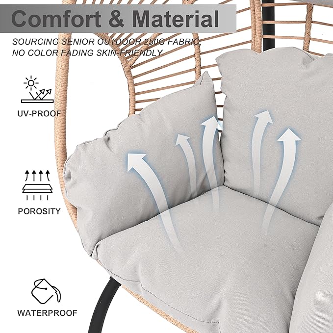 Hanging Egg Chair with Stand - Egg Swing Chair Outdoor Indoor Patio Wicker Chair Swing Hammock Egg Chairs 400lbs Capacity for Outside Patio, Bedroom, Garden and Balcony (Beige-Regular, 2P)