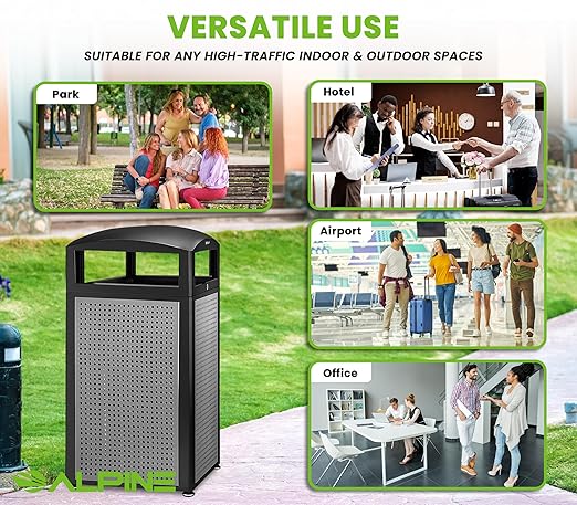 Alpine Outdoor Commercial Trash Can with Lid - 40 Gallon Heavy Duty Metal Garbage Can with Removable Bin, Locking Lid for a Modern Look in Parks, Malls, Parkings & High Traffic Areas (Black & Grey)