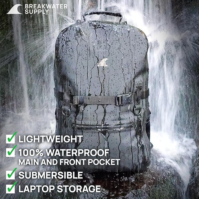 Breakwater Supply™ Waterproof IP68 Submersible Backpack with Airtight Zippers | Laptop Travel Outdoors | Fogland 25L 20L 15L