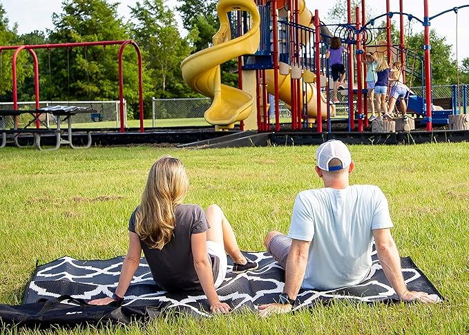 5x7 Black Lattice RV Mat w Carry Bag – Extra Thick 5mm Recycled Poly Rug – Heavy-Duty, Waterproof, Reversible – Stylish Luxury Outdoor Mat Camping (Black Lattice with Carry Bag, 5'x7')