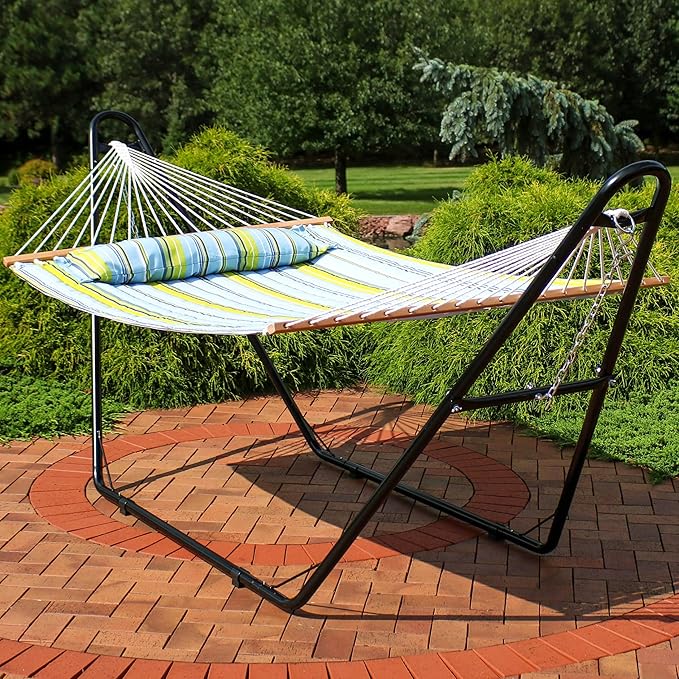 Sunnydaze Double Quilted Fabric Hammock with Universal Steel Stand - 450-Pound Capacity - Black Stand - Blue and Green