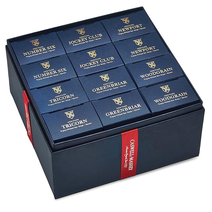 Caswell-Massey Natural Bar Soap for Men, Moisturizing Body Soap Bar for All Skin Types, Made with Essential Oils & Plant-Based Formula for Soft Skin, 4 Heritage Scents, 12 Bars x 5.8 oz Gift Set
