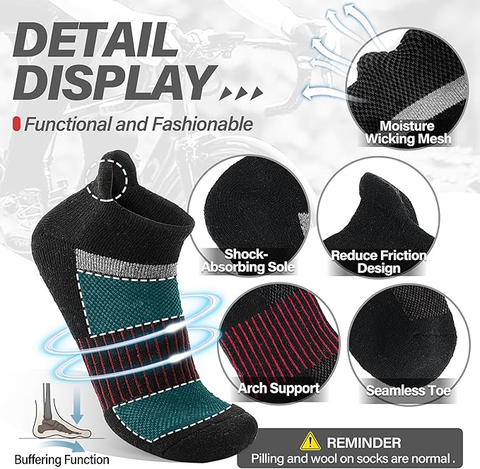 6 Pairs Merino Wool Ankle Running Hiking Socks Compression Support Breathable Thick Cushion No Show Socks for Women Men